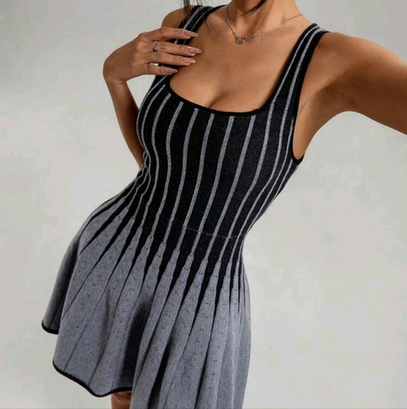 Women Striped Square Neck Sleeveless Knit Sweater Dress, Autumn/Winter - Picture 3 of 4